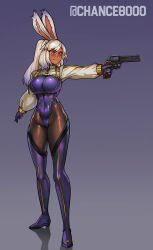  absurdres aiming animal_ears boots breasts brown_pantyhose chance8000 closed_mouth commentary commission dark-skinned_female dark_skin english_commentary female full_body gloves gun handgun highres holding holding_gun holding_weapon impossible_clothes impossible_leotard large_breasts leotard long_hair long_sleeves original pantyhose purple_background purple_boots purple_gloves purple_leotard rabbit_ears rabbit_girl red_eyes shrug_(clothing) smile solo thigh_boots weapon white_hair white_shrug 