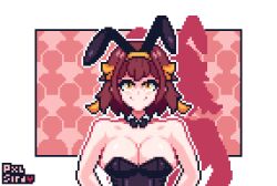  animal_ears artist_request breasts brown_hair cleavage fake_animal_ears female hair_ribbon large_breasts looking_at_viewer pixel_art playboy_bunny rabbit_ears ribbon short_hair smile solo suzumiya_haruhi suzumiya_haruhi_no_yuuutsu yellow_eyes yellow_ribbon 