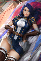  1girls 2d alternate_version_available arcane arcane_caitlyn bare_thighs belt big_breasts blue_eyes caitlyn_kiramman clothed female female_focus female_only fingerless_gloves gloves laying_down league_of_legends long_gloves long_hair looking_at_viewer neoartcore panties purple_hair riot_games skirt skirt_lift solo solo_female solo_focus stockings thighhighs thighs 