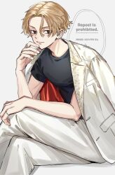  1boy black_eyes black_shirt blonde_hair bo_1125359 closed_mouth empty_eyes highres jacket jacket_on_shoulders jewelry long_sleeves male_focus official_alternate_costume official_alternate_hairstyle pants ring sano_manjirou shirt short_hair short_sleeves simple_background sitting smile solo suit t-shirt tokyo_revengers tokyo_revengers_unlimited white_background white_jacket white_pants white_suit 