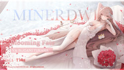  bare_shoulders blush bouquet breasts bridal_veil brown_eyes brown_hair cleavage closed_mouth collarbone commentary dress english_commentary female flower full_body gloves hair_flower hair_ornament high_heels highres holding jewelry large_breasts long_hair looking_at_viewer lying medium_breasts minerdwen nipples nude official_art official_wallpaper on_back on_side parted_lips petals red_eyes red_flower red_rose rose rose_petals smile solo soul_tide soultide veil very_long_hair wedding_dress white_dress white_flower white_gloves 