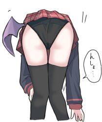  ass bent_over black_panties black_thighhighs blue_archive female from_behind kayoko_(blue_archive) long_sleeves nyanzai-sensei panties purple_wings red_skirt simple_background single_wing skirt solo speech_bubble thighhighs underwear white_background wings 