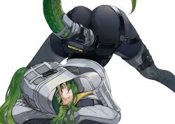 aqa arknights arknights:_endfield ass black_bodysuit bodysuit commentary female fluorite_(arknights) green_eyes green_hair hair_through_hood hands_on_ground hood hood_up hooded_shrug jack-o'_challenge long_hair looking_at_viewer ponytail shrug_(clothing) simple_background snake_girl snake_tail solo spread_legs tail top-down_bottom-up white_background white_shrug wide_spread_legs 