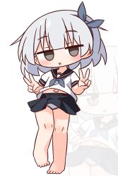  :o absurdres barefoot black_sailor_collar black_skirt blue_hairband blue_neckerchief blunt_bangs blush bow_hairband commentary_request double_v empty_eyes female full_body grey_eyes grey_hair hairband hana_kazari hands_up highres looking_at_viewer navel neckerchief open_mouth original panties pleated_skirt sailor_collar school_uniform serafuku shirt short_hair short_sleeves simple_background skirt solo standing underwear v white_background white_panties white_shirt 