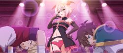  2boys armpit_crease babydoll bandaged_arm bandages black_babydoll black_collar black_garter_belt black_gloves blonde_hair breasts brown_hair cape circle cleavage collar demon_girl detached_collar dust_(konosuba) elbow_gloves female frilled_babydoll frilled_gloves frills from_below game_cg garter_belt gloves green_cape green_eyes hair_between_eyes hand_on_own_hip hand_to_own_mouth hand_up head_wings highres indoors jacket kneeling kono_subarashii_sekai_ni_shukufuku_wo! konosuba!_fantastic_days light_blush looking_down medium_breasts multicolored_jacket multiple_boys navel o-ring o-ring_top official_art ojou-sama_pose open_mouth panties pink_eyes pink_hair pink_panties pink_wings red_eyes red_jacket satou_kazuma shinjin_succubus_(konosuba) shirt short_hair sparkle spotlight standing sweatdrop two-tone_jacket underwear v-shaped_eyebrows wavy_hair white_jacket white_shirt wings 