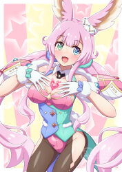  animal_ears aqua_vest between_breasts blue_eyes breasts collar ear_ornament female fur-trimmed_gloves fur_trim gem glove_bow gloves green_eyes green_vest groin hair_flaps hair_ornament hair_scrunchie heterochromia highres hip_vent kururu_(princess_connect!) large_breasts leotard looking_at_viewer low_twintails open_mouth pink_hair pink_leotard princess_connect! rabbit_ears rabbit_girl rabbit_tail red_gemstone scrunchie sidelocks solo tail twintails two-tone_vest vest white_collar white_gloves white_tail yosuzu 