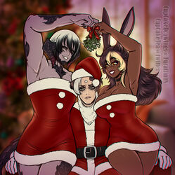  1girls 2boys amber_eyes amoine ascian au_ra beauty_mark beauty_marks black_hair black_highlights black_sclera blonde_highlights blurry_background bunny_ears choker christmas christmas_hat christmas_outfit cupcake992 dark-skinned_female dark_skin emet-selch eyeshadow female final_fantasy final_fantasy_xiv furaffinity_username grey_body holidays horns long_hair male medium_hair melanin mistletoe mole narrowed_eyes santa_costume scales sitting smiling tail twitter_username viera white_hair white_highlights xaela y&#039;wanza 