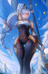 absurdres ass_visible_through_thighs black_bodysuit blue_eyes blue_hair blue_sky bodysuit braid braided_ponytail breast_curtain breasts calamity_queller_(genshin_impact) chinese_clothes clothing_cutout covered_navel cowboy_shot female from_below genshin_impact gold_trim hair_over_one_eye highres hip_vent holding holding_polearm holding_weapon large_breasts long_hair looking_at_viewer navel outdoors polearm puppnet red_rope rope see-through_clothes shenhe_(genshin_impact) shoulder_cutout skin_tight sky solo tassel thigh_gap thighs weapon 