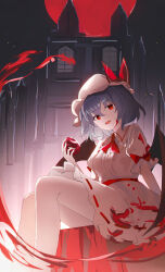  absurdres apple ascot bat_wings blue_hair commentary_request dress female food fruit hair_between_eyes hat hat_ribbon highres holding holding_food holding_fruit looking_at_viewer mob_cap moon open_mouth outdoors red_ascot red_eyes red_moon remilia_scarlet ribbon short_hair short_sleeves sitting solo touhou usagi_(786113654) white_dress white_hat wings 