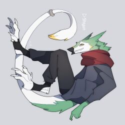  absurd_res claws clothed clothing footwear furgonomic_footwear furgonomics hi_res looking_at_viewer male scarf sergal shiyun side_view smile solo tail tail_tuft toe_claws tuft unknown_artist 