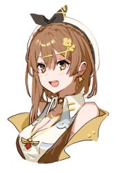  :d atelier_(series) atelier_ryza atelier_ryza_3 bare_shoulders beret braid breasts brown_eyes brown_hair choker cleavage commentary_request crown_braid earrings female hair_between_eyes hair_ornament hairclip hat highres jewelry large_breasts le21day looking_at_viewer open_mouth reisalin_stout shirt short_hair simple_background smile solo star_(symbol) star_choker upper_body white_background white_shirt x_hair_ornament 