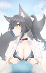  a9_(repainter) absurdres animal_ear_fluff animal_ears ball beachball bikini black_bikini black_collar blue_bikini blue_hair bow breasts collar female fox_ears fox_girl fox_tail hairbow highres indie_virtual_youtuber large_breasts layered_bikini long_hair looking_to_the_side multicolored_hair open_clothes open_shirt ponytail puffy_short_sleeves puffy_sleeves qttsix_(vtuber) scrunchie shirt short_sleeves solo streaked_hair swimsuit tail wet white_bow white_shirt wing_collar wrist_scrunchie wristband yellow_eyes 