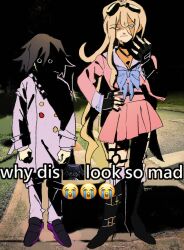  1boy angry arms_at_sides barbed_wire black_choker black_eyes black_hair blonde_hair blue_eyes boots checkered_clothes checkered_scarf choker crying crying_emoji danganronpa_(series) danganronpa_v3:_killing_harmony emoji english_commentary english_text female fingerless_gloves flipped_hair foog_(ppppppuri) full_body glaring gloves goggles goggles_on_head hair_between_eyes hand_on_own_hip height_difference high_heel_boots high_heels highres iruma_miu long_hair long_sleeves looking_at_viewer looking_to_the_side meme night oma_kokichi pants photo_background pleated_skirt sad sailor_collar scarf shaded_face shirt short_hair skirt standing staring straitjacket tears teeth two-tone_scarf why_dis_ninja_look_so_mad_(meme) 