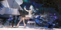  aurora bare_shoulders blue_butterfly blue_veil bug butterfly butterfly_on_hand butterfly_on_head chinese_commentary closed_mouth commentary_request dress expressionless female floating_hair flower grand_piano highres instrument long_hair piano piano_bench purple_flower sideless_dress sitting solo the_shorekeeper_(wuthering_waves) tracyton tree white_dress white_footwear wide_shot wuthering_waves 