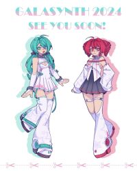  2024 2girls :3 :d aqua_hair black_skirt closed_mouth commentary cyber_fashion detached_sleeves dress drill_hair english_commentary english_text galasynth_(vocaloid) hair_between_eyes hatsune_miku highres kasane_teto long_sleeves low_twintails maty_(sesamii.seed) multiple_girls open_mouth pleated_skirt scissors second-party_source shoes skirt sleeves_past_fingers sleeves_past_wrists smile speaker twin_drills twintails utau vocaloid white_background white_dress white_footwear white_sleeves 