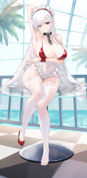  absurdres apron arm_up armpits azur_lane bare_shoulders belfast_(azur_lane) belfast_(blissful_service)_(azur_lane) bikini bikini_top_only breasts chain_around_neck chains checkered_floor closed_mouth high_heels highres large_breasts long_hair maid_apron maid_headdress official_alternate_costume on_table panties pool poolside presenting_armpit purple_eyes red_bikini red_footwear shoes single_shoe sitting suo_bu_ye_feng swimsuit table thighhighs thighs toes tree underwear v white_apron white_hair white_panties white_thighhighs 