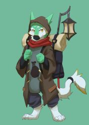  absurd_res backpack clothing coat hi_res lamp lantern male scarf sergal shiyun smile solo standing tail tail_tuft topwear tuft unknown_artist 