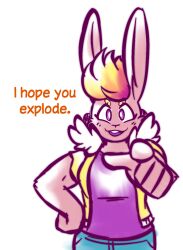  allison_goleta anthro female gesture hand_gesture happy hi_res lagomorph leporid mammal orange_text pointing pointing_at_viewer purple_eyes rabbit simple_background solo super_lesbian_animal_rpg text white_background winguthings 