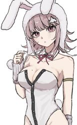  :o animal_ears animal_hood blush breasts cleavage danganronpa_(series) danganronpa_2:_goodbye_despair fake_animal_ears fake_tail female flipped_hair highres hood large_breasts leotard medium_hair mole mole_on_breast nanami_chiaki odjisanhonpo pink_eyes playboy_bunny rabbit_ears rabbit_hood rabbit_tail simple_background solo spaceship_hair_ornament tail teeth white_leotard 