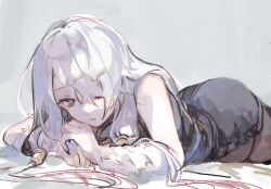  atelier_(series) atelier_ryza bare_shoulders black_nails body_fur closed_mouth expressionless female grey_background grey_hair hair_ornament hair_over_one_eye highres le21day lila_decyrus long_hair looking_at_viewer lying on_stomach pale_skin purple_eyes solo 