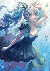  :o absurdres air_bubble arm_at_side arm_up barefoot black_dress blue_eyes blue_hair blue_theme breasts bubble cleavage collarbone commentary curly_hair dress eyebrows_hidden_by_hair female foot_out_of_frame hair_between_eyes hair_tie hatsune_miku highres layered_dress light_rays long_hair looking_up medium_breasts open_mouth shading_eyes shinkai_shoujo_(vocaloid) shoal sleeveless sleeveless_dress solo sunlight tamaki_(tamaki599) twintails underwater very_long_hair vocaloid 