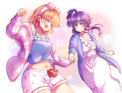  2girls :d ^_^ arm_up blue_camisole blue_coat blush border bow_hairband breasts camisole carrot_print cerise_bouquet closed_eyes coat collarbone commentary cowboy_shot crossed_bangs dress feet_out_of_frame food_print frilled_dress frills fur_hairband gradient_background green_eyes hair_bun hairband highres hinoshita_kaho holding_hands holiday_holiday_(love_live!) iirin jacket link!_like!_love_live! long_hair long_sleeves love_live! medium_breasts medium_hair midriff multiple_girls navel open_clothes open_coat open_jacket open_mouth orange_background orange_hair otomune_kozue outside_border pink_background pink_hairband pink_jacket print_shorts pulling purple_hair short_shorts shorts side_ponytail sidelocks single_side_bun smile two_side_up virtual_youtuber white_border white_dress white_shorts 