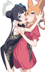  2girls absurdres animal_ears black_dress black_hair blue_archive braid braided_hair_rings butterfly_hair_ornament china_dress chinese_clothes double_bun dragon_print dress fox_ears french_kiss grey_eyes grey_halo hair_between_eyes hair_bun hair_ornament hair_rings halo highres kisaki_(blue_archive) kissing looking_at_viewer multiple_girls open_mouth puffy_short_sleeves puffy_sleeves purple_eyes red_dress red_halo rumi_(blue_archive) rumi_(small)_(blue_archive) saliva shiratama_mochi short_sleeves simple_background sleeveless sleeveless_dress tongue tongue_out twintails white_background yuri 