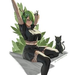  adapted_costume arms_up black_cat black_shirt black_skirt black_thighhighs breasts ceres_fauna ceres_fauna_(goth) chain_necklace chains commentary crop_top crop_top_overhang feline fishnet_sleeves fishnets green_hair hair_branch highres hololive hololive_english jewelry large_breasts looking_at_animal looking_at_another midriff mole mole_under_eye necklace one_eye_closed seventeencrows shirt short_hair short_sleeves sitting skirt stretching thighhighs torn_clothes torn_sleeves virtual_youtuber yellow_eyes 