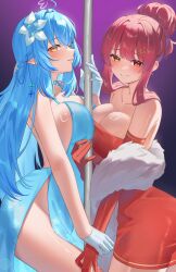  2girls ahoge alternate_costume bare_shoulders blue_dress blush breasts cleavage cocktail_glass cowboy_shot cup dress drinking_glass elbow_gloves flower gloves gradient_background grand_theft_auto hair_flower hair_ornament heart heart_ahoge heterochromia highres hololive hololive_grand_theft_auto houshou_marine large_breasts long_hair multicolored_hair multiple_girls pendora1022 pink_hair pole pole_dancing purple_background red_dress red_eyes red_gloves red_hair spaghetti_strap strapless strapless_dress stripper_pole two-tone_hair white_gloves yellow_eyes yukihana_lamy 