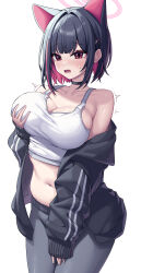  absurdres animal_ears bare_shoulders black_hair black_jacket black_pants blue_archive blush breasts cat_ears cat_girl cleavage collar collarbone female grabbing_own_breast hair_ornament hairpin halo highres jacket kazusa_(blue_archive) large_breasts metaljelly midriff multicolored_hair navel open_clothes open_jacket open_mouth pants pink_halo short_hair streaked_hair tank_top white_background white_tank_top 