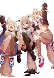  3girls absurdres ahoge animal_ear_fluff animal_ears black_coat black_jacket blonde_hair blue_eyes blue_hair braid breasts coat cropped_shirt dog_ears dog_girl dog_tail dress fox_ears fox_girl fox_tail fuwawa_abyssgard fuwawa_abyssgard_(1st_costume) highres holding_hands hololive hololive_english jacket large_breasts long_hair mococo_abyssgard mococo_abyssgard_(1st_costume) multiple_girls pink_hair shirakami_fubuki shirakami_fubuki_(1st_costume) shirt short_hair siblings side_braid sisters small_breasts sue_(bg-bros) tail twins two_side_up virtual_youtuber white_dress white_hair white_shirt 