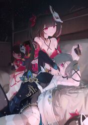  2girls absurdres anklet artist_name bare_legs bare_shoulders bed bell black_dress breasts brown_hair caisena chess_piece choker commentary dress feathers fox_mask hashtag-only_commentary highres holding holding_chess_piece holding_hands honkai:_star_rail honkai_(series) honkai_impact_3rd indoors japanese_clothes jewelry light_particles long_hair looking_at_viewer mask multiple_girls neck_bell on_bed peacock_feathers red_dress red_eyes smile sparkle_(honkai:_star_rail) stuffed_toy thighhighs twintails vita_(honkai_impact) white_dress yellow_pupils 