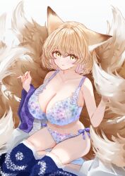  animal_ears blonde_hair blue_bra blue_panties blush bra breasts cleavage closed_mouth commentary_request female fox_ears fox_girl fox_tail hair_between_eyes highres kitsune kyuubi large_breasts looking_at_viewer multiple_tails navel panties sarasadou_dan short_hair simple_background smile solo stomach tail touhou underwear underwear_only white_background yakumo_ran yellow_eyes 