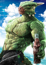  2022 abs anthro argonian bethesda_game_studios beverage bodypaint bottle bottomwear clothing coca-cola container face_paint facial_scar green_body green_scales gunka hi_res holding_beverage holding_bottle holding_container holding_object horn looking_at_viewer male microsoft muscular muscular_male offering_beverage pants pecs scales scalie scar sea sky skyrim skyscape smile tail the_elder_scrolls thick_tail triceps veezara water wet wet_body yellow_eyes 