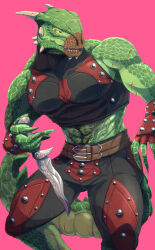  2023 abs anthro argonian armor belt bethesda_game_studios bodypaint bottomwear clothing face_paint facial_scar green_body green_scales gunka hi_res holding_knife holding_object horn knife leather leather_armor male microsoft muscular muscular_male pants pecs scales scalie scar simple_background skyrim solo tail the_dark_brotherhood_(the_elder_scrolls) the_elder_scrolls thick_tail triceps unconvincing_armor uniformed_male veezara yellow_eyes 