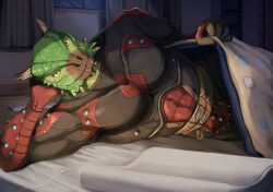  2022 anthro argonian bedding bethesda_game_studios blanket bodypaint clothed clothing detailed_background face_paint facial_scar fully_clothed green_body green_scales gunka horn looking_at_viewer lying male mattress microsoft muscular muscular_male on_side scales scalie scar skyrim smile solo tail the_dark_brotherhood_(the_elder_scrolls) the_elder_scrolls thick_tail under_covers uniformed_male veezara yellow_eyes 
