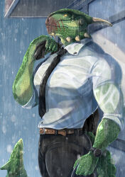  2021 abs anthro argonian belt bethesda_game_studios bodypaint bottomwear clock clothed clothed_male clothing detailed_background face_paint facial_scar green_body green_scales gunka hi_res horn looking_away male microsoft muscular muscular_male necktie pants pecs raining scales scalie scar shirt skyrim solo tail the_elder_scrolls thick_tail topwear triceps veezara wet wet_body wet_clothing wet_skin yellow_eyes 