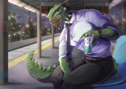 2021 anthro argonian belt bethesda_game_studios beverage beverage_can bodypaint bottomwear city cityscape clock clothed clothed_male clothing detailed_background face_paint facial_scar green_body green_scales gunka holding_beverage holding_object horn looking_at_viewer male microsoft muscular muscular_male necktie night pants scales scalie scar shirt sitting skyline skyrim smile solo tail text the_elder_scrolls thick_tail topwear train_station veezara work_clothes yellow_eyes 