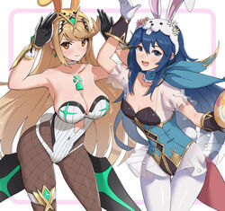  2girls 3: :d alternate_costume animal_ears animal_hat arms_up bangs black_gloves blonde_hair blue_eyes blue_hair blue_leotard blue_ribbon blush breasts brown_legwear bunny_ears bunny_girl bunny_hat bunny_pose bunnysuit chest_jewel choker cleavage closed_mouth clothed clothing collarbone commentary_request contrapposto covered_navel cowboy_shot crossover earrings easter easter_egg egg fake_animal_ears fake_tail female fire_emblem fire_emblem_awakening fire_emblem_heroes flat_chest frilled_sleeves frills gloves gonzarez hat highres jewelry large_breasts leaning_forward leotard long_hair looking_at_viewer lucina_(fire_emblem) lucina_(spring)_(fire_emblem) multiple_girls mythra neck_ribbon nintendo official_alternate_costume open_mouth orange_eyes oversized_breast_cup pantyhose puffy_short_sleeves puffy_sleeves rabbit_ears rabbit_tail ribbon see-through short_sleeves skindentation smile standing strapless strapless_leotard super_smash_bros. swept_bangs tail thigh_gap thigh_strap thighlet tiara two-tone_background v-shaped_eyebrows very_long_hair white_choker white_gloves white_headwear white_legwear white_leotard wrist_guards xenoblade_(series) xenoblade_chronicles_2 yellow_headwear 