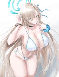  absurdres alternate_costume aqua_eyes asuna_(blue_archive) bare_shoulders bikini black_choker blonde_hair blue_archive blue_nails blue_scrunchie blush breasts choker cleavage commentary covered_nipples cowboy_shot female grin hair_over_one_eye halo highres large_breasts long_hair looking_at_viewer md5_mismatch mole mole_on_breast multi-strapped_bikini_bottom nail_polish navel noa_(skae3323) scrunchie side-tie_bikini_bottom sideboob smile solo swimsuit thighs veins veiny_breasts very_long_fingernails very_long_hair white_background white_bikini wrist_scrunchie 