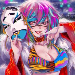  :d asuka_(wrestler) bangs blue_hair breasts cleavage coat female grin holding holding_mask kabuki lipstick long_sleeves looking_at_viewer makeup mask meowyin multicolored_hair nail_polish open_mouth pink_hair red_coat red_eyes red_nails short_hair smile solo teeth wrestling_outfit wwe 