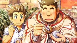  2boys absurdres bangle bara blush bracelet brick_wall brown_eyes brown_hair bunta_ru cloak closed_eyes commentary_request covered_abs food hand_tattoo highres ice_cream jewelry long_sideburns looking_at_another male_focus mole mountainous_horizon multiple_boys muscular muscular_male open_mouth outline plant protagonist_(f-kare) short_hair shoukan_yuusha_to_f-kei_kareshi sideburns smile soft_serve sol_(f-kare) spiked_hair spoon sunset tattoo thick_eyebrows white_outline 