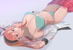  akame_ga_kill! bra breasts candy chelsea_(akame_ga_kill!) cleavage clothes_pull female food green_bra green_panties headphones highres kanpiro large_breasts lollipop long_hair lying off_shoulder on_back open_clothes open_shirt panties parted_lips partially_undressed plaid plaid_skirt red_eyes red_hair red_skirt shirt simple_background skirt skirt_pull solo underwear white_shirt 