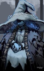  blue_eyes blue_hair blue_skin cape cloak colored_skin cracked_skin doll_joints dreaminerryday dress elden_ring extra_arms extra_faces female fur_cape fur_cloak hat jewelry joints long_hair one_eye_closed own_hands_together ranni_the_witch solo wavy_hair witch witch_hat 