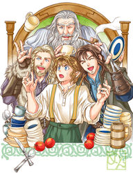  4boys :d apple beard bilbo_baggins blonde_hair blue_eyes blush bowl brown_hair collared_shirt commentary cup cutlery english_commentary facial_hair fili fingernails food fruit gandalf green_pants hands_up highres holding holding_smoking_pipe kazuki-mendou kili_(the_hobbit) long_beard male_focus multiple_boys open_mouth pants parted_lips plate pointy_ears red_apple shirt smile smoke smoking smoking_pipe spoon stubble suspenders tankard teacup the_hobbit tolkien&#039;s_legendarium wide-eyed wing_collar 