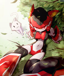  :3 android bingshan black_thighhighs blush branch breasts bush chinese_commentary commentary feline female from_above helmet leaf leaf_on_head looking_at_viewer magic_henshin mecha_musume navel red_eyes robot robot_ears scarlet_sonic solo thighhighs wheel white_cat 