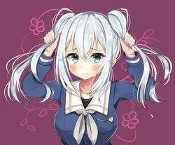  alternate_hair_length alternate_hairstyle bang_dream! blue_eyes blue_shirt blush breasts bunching_hair commentary_request female grey_hair grey_neckerchief kurata_mashiro large_breasts long_hair long_sleeves looking_at_viewer nail_polish neckerchief neku_(sky_hologram) nervous_smile pink_nails purple_background shirt sidelocks smile solo twintails upper_body white_hair 