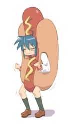  :3 ahoge alternate_costume black_socks blue_eyes blue_hair blush_stickers brown_footwear closed_eyes closed_mouth commentary english_commentary female full_body hair_between_eyes hot_dog hot_dog_costume izumi_konata kneehighs loafers lucky_star medium_hair mole mole_under_eye motion_lines shadow shoes simple_background socks solo standing tyrone white_background 