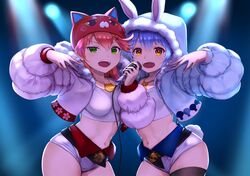  2girls alternate_costume animal_ears blue_hair blue_nails breasts carrot_print cherry_blossom_print collarbone ears_through_headwear floral_print food_print green_eyes hair_between_eyes hair_ornament hairclip holding holding_microphone hololive jewelry kintoki_(sakura_miko) looking_at_viewer microphone midriff multiple_girls music nail_polish navel necklace open_mouth orange_eyes pink_hair pink_nails rabbit_ears rabbit_tail sakura_miko singing stage_lights tail teeth upper_teeth_only usada_pekora virtual_youtuber x_hair_ornament yamasan_ossan 