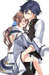  1boy black_hair blush brown_hair carrying carrying_person closed_eyes commentary eiyuu_densetsu female hair_flowing_over hakuleg long_hair oversized_clothes panties panties_around_one_leg ponytail purple_eyes rean_schwarzer sen_no_kiseki sen_no_kiseki_iii shirt_grab short_hair straight sweat towa_herschel underwear white_background 